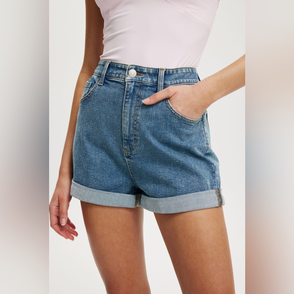 Cotton On Blue Denim High-Waist Rolled Hem Jean Shorts
